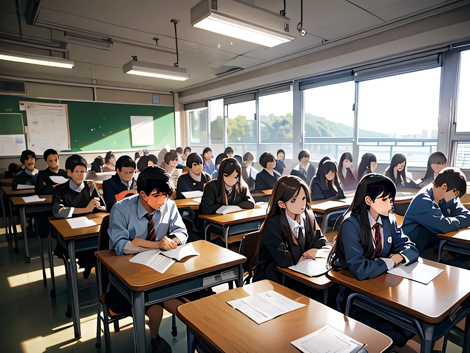 A group of students sitting and studying in the classroom,One person per group.5(A sea of people 1.5)(Shocked expression 1.5)(The background is the school's classroom No. 1.5)Anime style4 K,animation rendering,Anime style。8k,Handsome anime side face(Upper body display 1.8)(Movie Lighting 1.5)(Masterpiece:1.4)(Ultra High Detail 1.5)(Best quality1.5), There are students of different grades present, But there are exceptions.