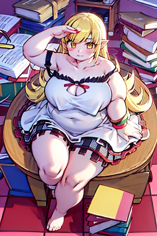 4k, high quality, obese shinobuYoung, masterpiece, Best quality, absurdity, obese 1girl, big cheeks, Blonde hair, Yellow golden eyes, One, sort, night, big breasts, Desktop, obese , round table, sitting, Spread her legs, looking, bare shoulders, white short dress, sliding belt, clavicle, (view from above:1.1), (inexpressive:1.1), slim, browse, (Checkered floor:1.5), (knee up:1.3)