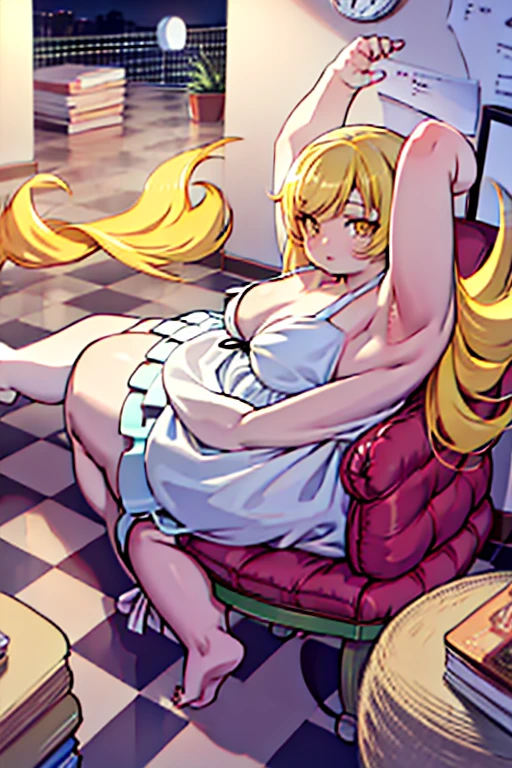 4k, high quality, obese shinobuYoung, masterpiece, Best quality, absurdity, obese 1girl, big cheeks, Blonde hair, Yellow golden eyes, One, sort, night, big breasts, Desktop, obese , round table, sitting, Spread her legs, looking, bare shoulders, white short dress, sliding belt, clavicle, (view from above:1.1), (inexpressive:1.1), slim, browse, (Checkered floor:1.5), (knee up:1.3)