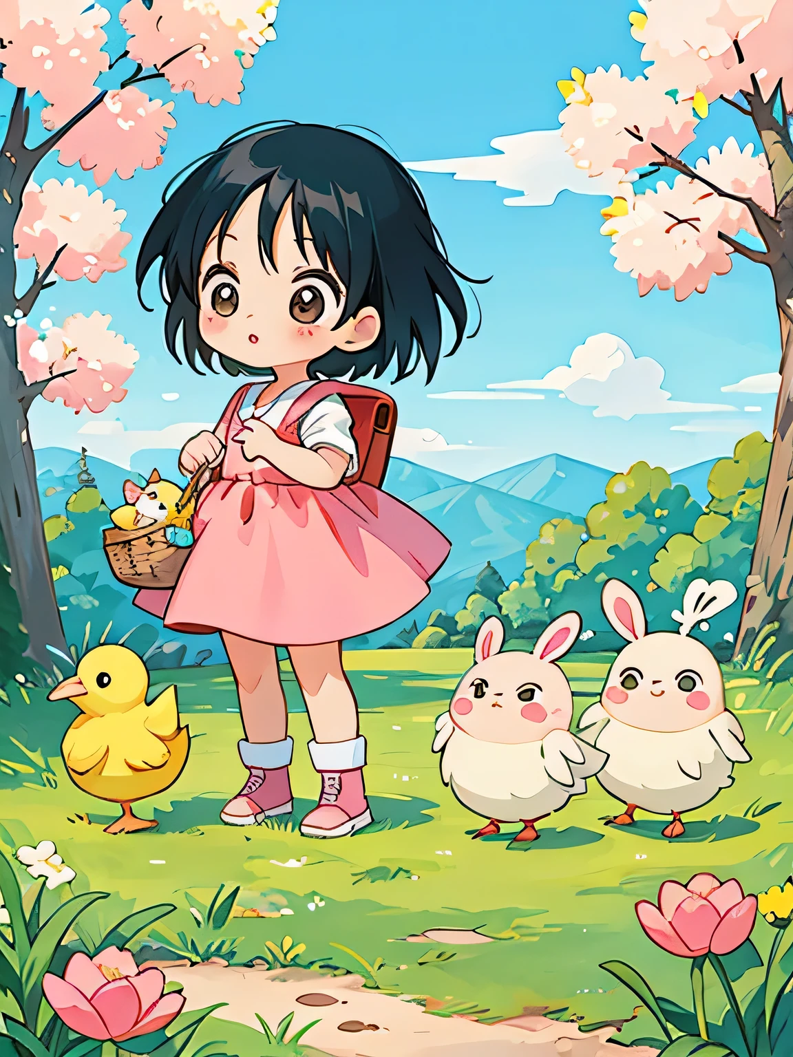 akira toriyama style, Kawaii Design, most beautiful girl ever、Chibi, beautiful spring afternoon、Cute chick