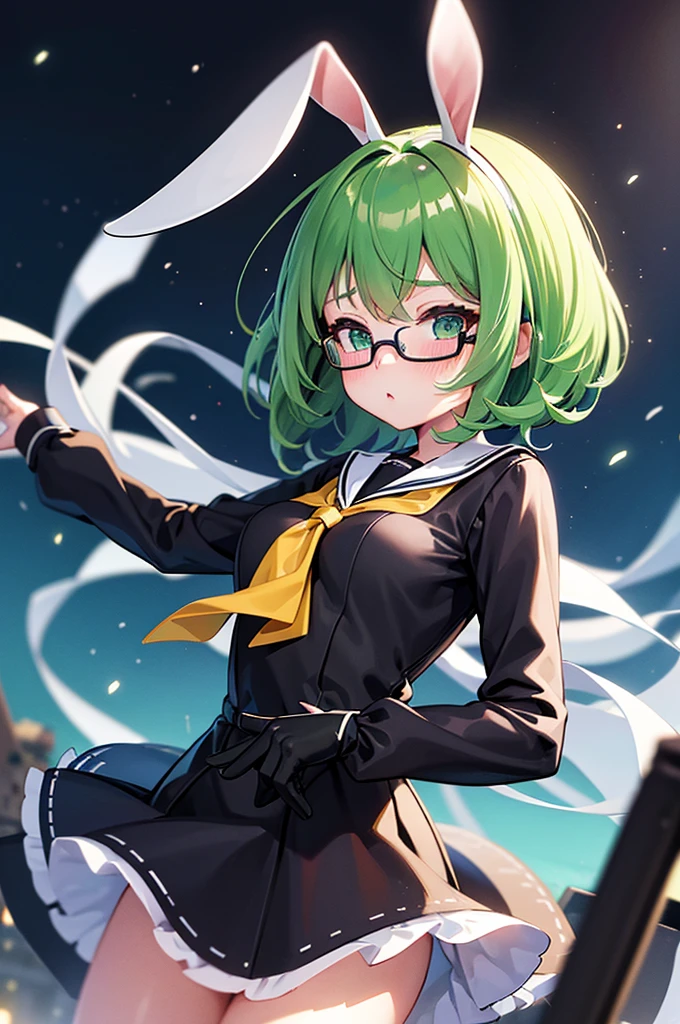 neat figure, 1 girl, teenage girl, very short hair, Air bangs, deep green hair, extremely beautiful detailed anime face and eyes, ^ ^, highly detailed skin, rabbit ears, Black glasses without a frame on top, gun, sailor dress, Long sleeve, white skirt, black background Clothes, Japanese style architecture, space, outdoors, luminous particles, Very detailed CG unified 8k wallpaper, very fine 8KCG wallpaper, hyper quality,