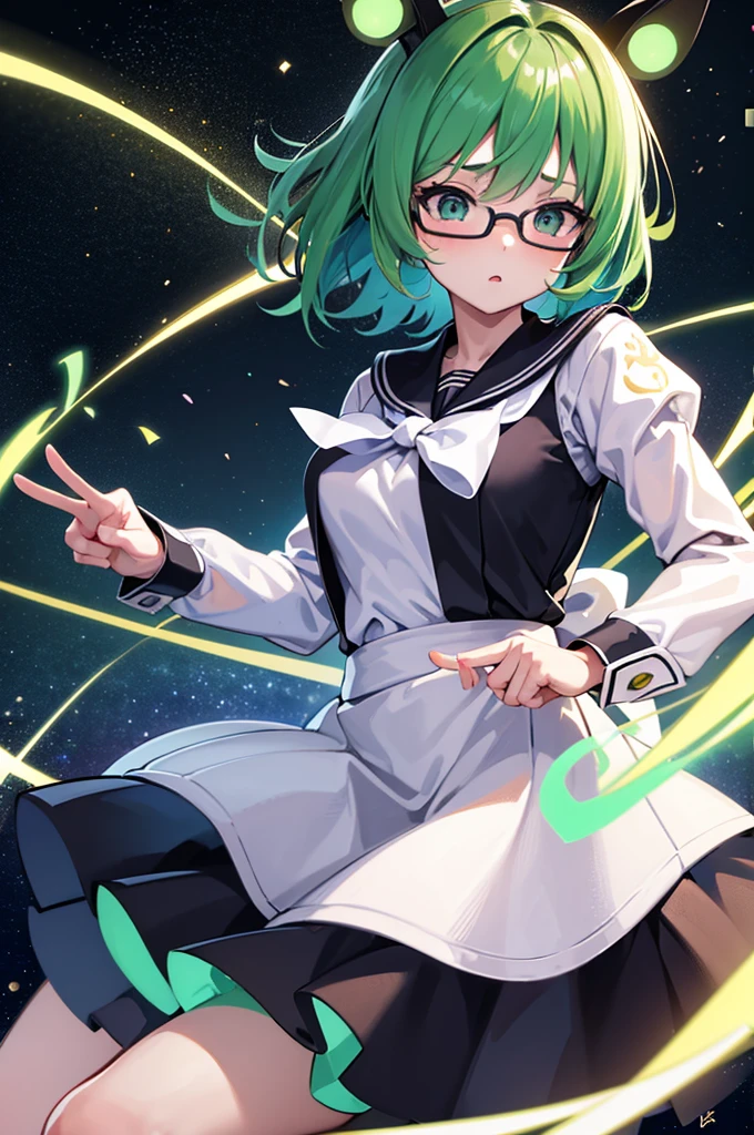 neat figure, 1 girl, girl, very short hair, Air bangs, deep green hair, extremely beautiful detailed anime face and eyes, ^ ^, highly detailed skin, rabbit ears, Black glasses without a frame on top, gun, sailor dress, Long sleeve, white skirt, black background Clothes, Japanese style architecture, space, outdoors, luminous particles, Very detailed CG unified 8k wallpaper, very fine 8KCG wallpaper, hyper quality,