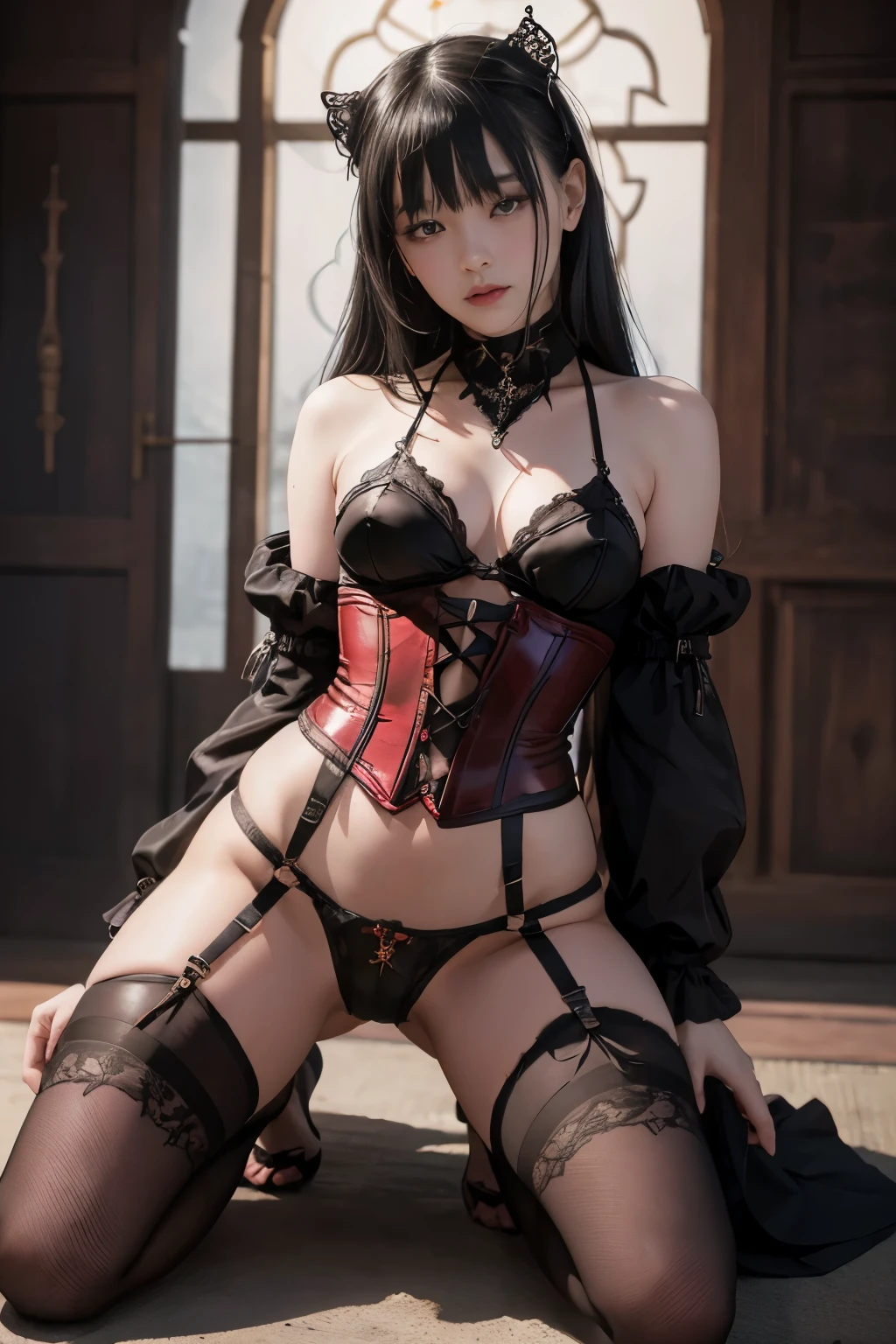 highest quality, masterpiece, Ultra-high resolution, (Reality: 1.9), (((Absolute full-length image,Front view))),Japan Maiden 、 ((Ultra-Realistic Details)) 、 Portrait 、 Global Illumination 、 Shadow 、 Octane Rendering 、 In 8K 、 Ultra Sharp 、 ( Crimson leather corset and panties、garter belt)、 ((Bondage meets goth)) 、Intricate decorative details 、 Cool colors 、 Very intricate detail 、 Realistic Light 、 CG Trends、Sparkling Eyes、Facing the camera、Small breasts、Full body upright pose、The background is the cathedral