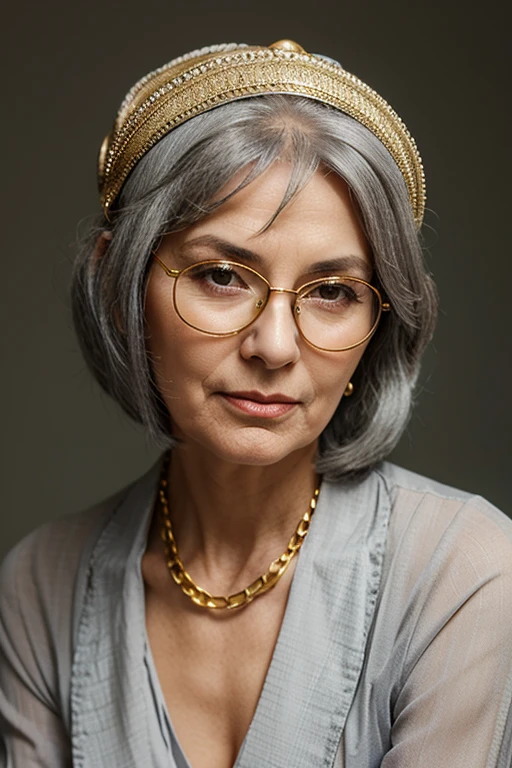 Elegant old woman, gray hair, seventy years old, elegant hat on her head, nickel-plated glasses with a gold chain