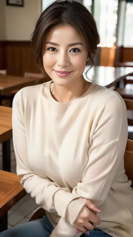 (highest quality,8k,masterpiece),
日本人Mature Woman,40 years,Mature Woman,Pure white skin, Tabletop、Top view from chest、
(Plump Breasts 1.3)、　((Beige crew neck knit))、Light blue denim pants、Random hairstyle、
,A gentle smile、A gaze that seduces viewers、Dining out、Inside the coffee shop、Over a cup of coffee、