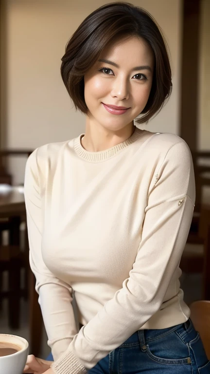 (highest quality,8k,masterpiece),
日本人Mature Woman,40 years,Mature Woman,Pure white skin, Tabletop、Top view from chest、
(Plump Breasts 1.3)、　((Beige crew neck knit))、Light blue denim pants、Random hairstyle、
,A gentle smile、A gaze that seduces viewers、Dining out、Inside the coffee shop、Over a cup of coffee、