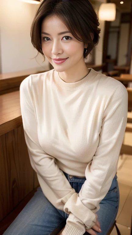 (highest quality,8k,masterpiece),
日本人Mature Woman,40 years,Mature Woman,Pure white skin, Tabletop、Top view from chest、
(Plump Breasts 1.3)、 ((Beige crew neck knit))、Light blue denim pants、Random hairstyle、
,A gentle smile、A gaze that seduces viewers、Dining out、Inside the coffee shop、Over a cup of coffee、