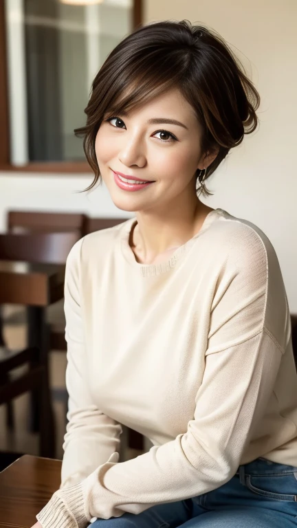 Standing in the park, Wrinkles around the eyes, Smiling with teeth showing, Plain short-sleeved clothing, senior citizen, Draw lips correctly, Red lipstick, No discomfort, 16K, Highest quality, Very detailed, Realistic, Very detailed肌, (Japanese), (alone), 60 years old, Large Breasts, , Glamour, sexy, Chromo White Skin, Staring straight ahead,