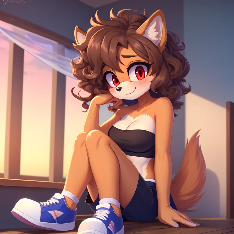 mobian, hedgehog, two-tone fur ((orange fur, brown fur)), pyjama elastic shorts, strapless crop top, cleavage, high-top sneakers, two-tone hair (brown hair, black tip)), curly hair, halo, sunglasses, jewelry, red eyes, longeyelashes, red eyes, smile, shy, blush, high detail, masterpiece, UHD, anatomically correct, super detail, highres, 4K