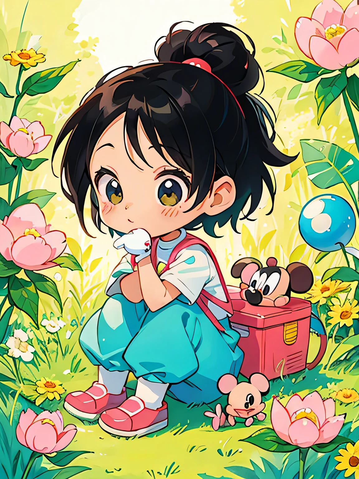 akira toriyama style, Kawaii Design, most beautiful girl ever、Chibi, beautiful spring afternoon、Cute Mickey Mouse