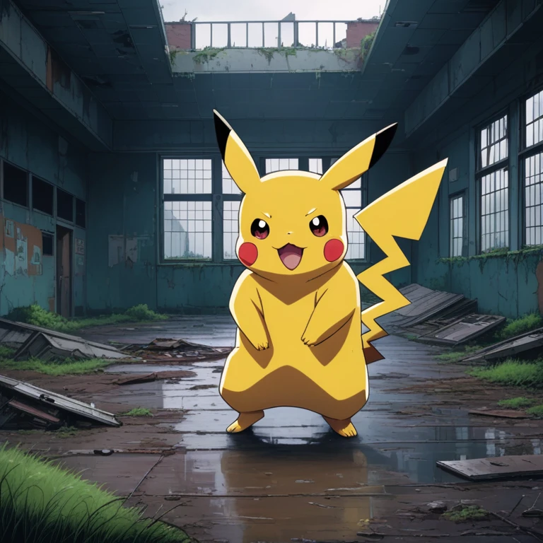 90s anime style, alone, (Muscular Pikachu) Wearing a black Adidas tracksuit, Pikachu attacks,In the background is an abandoned, abandoned building, Gloomy atmosphere, Cinematic, Detailed body, Fine grain, 8k, highest quality, Full Sharp, Very detailed, Skin pores, Natural skin texture, Superior quality,