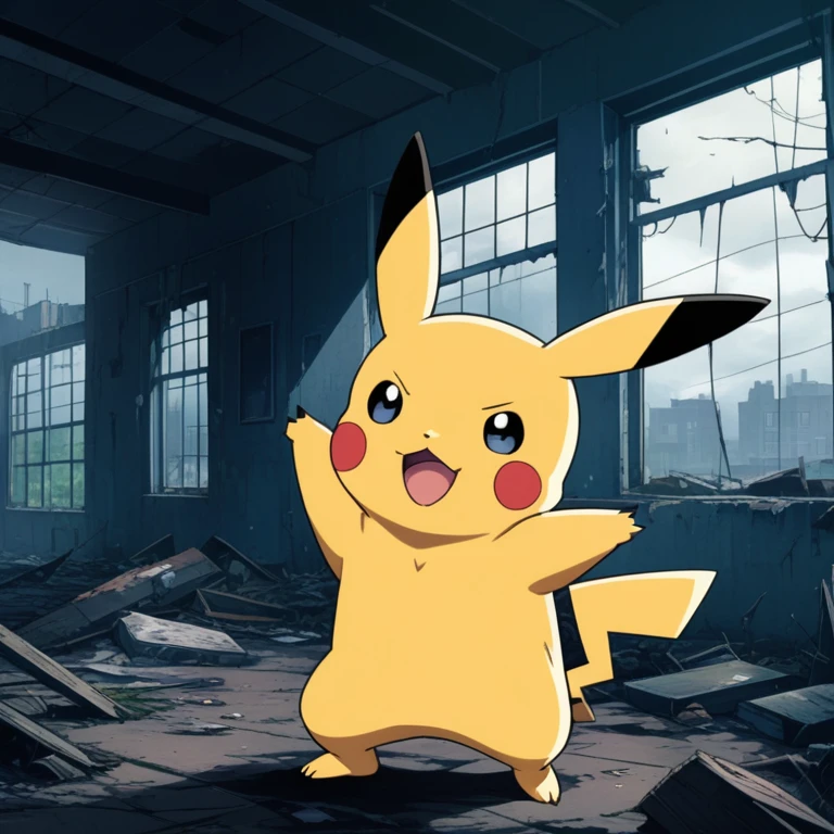 90s anime style, alone, (Muscular Pikachu) Wearing a black Adidas tracksuit, Pikachu attacks,In the background is an abandoned, abandoned building, Gloomy atmosphere, Cinematic, Detailed body, Fine grain, 8k, highest quality, Full Sharp, Very detailed, Skin pores, Natural skin texture, Superior quality,