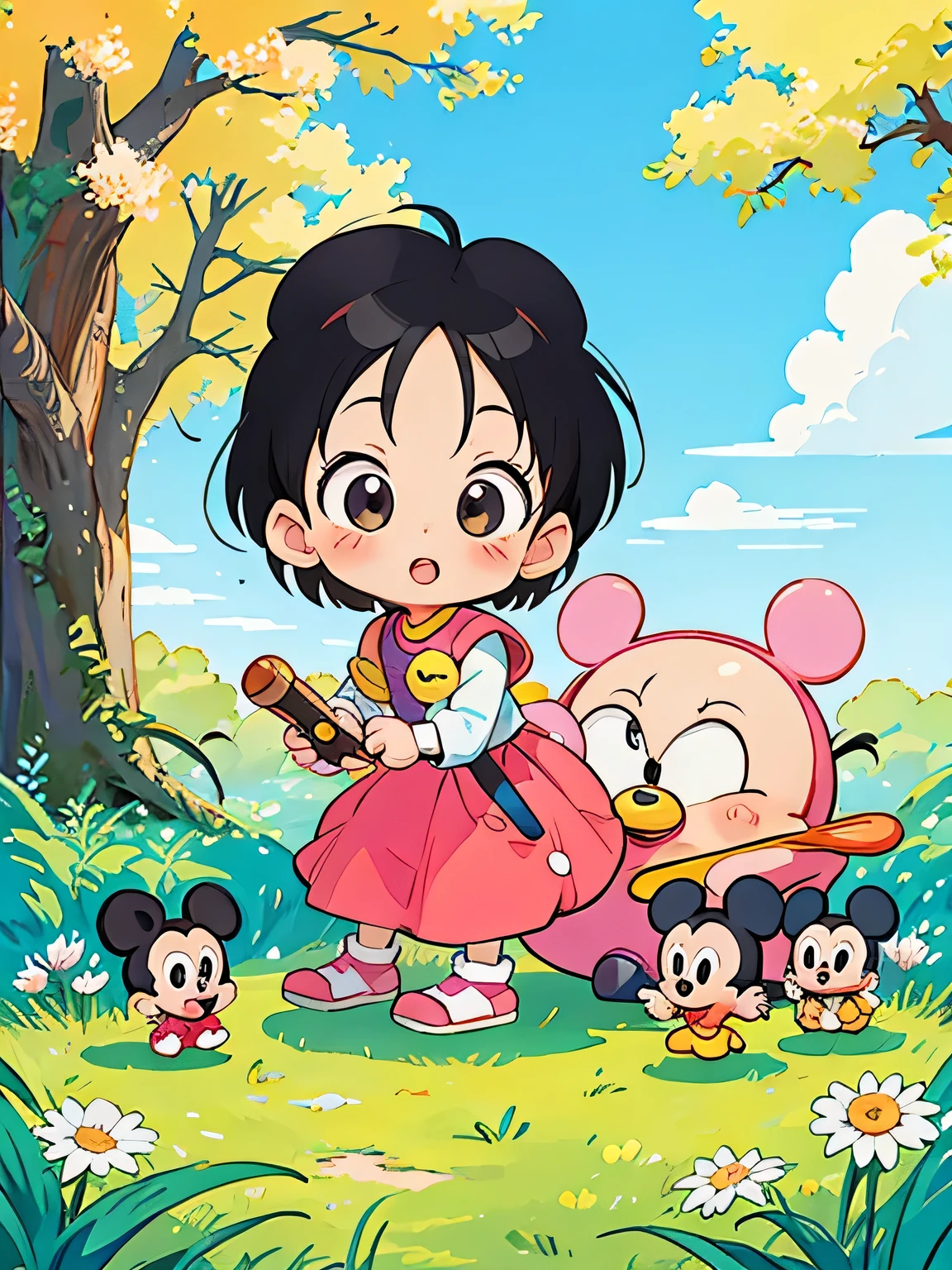 akira toriyama style, Kawaii Design, most beautiful girl ever、Chibi, beautiful spring afternoon、Cute Mickey Mouse