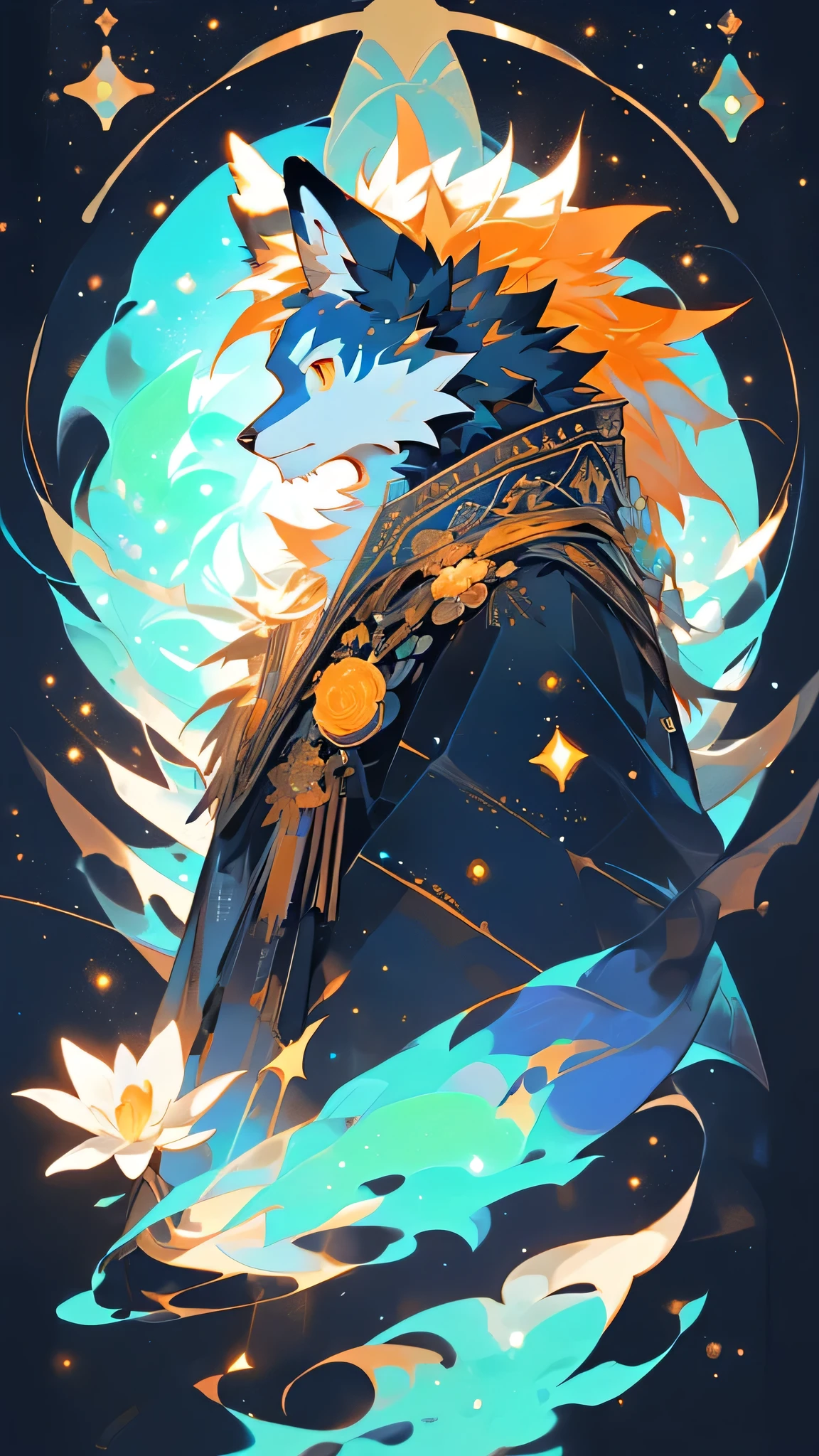 Close-up shot of a cartoon character lying in a sea of white flowers and looking at the starry sky, Mysterious art style, beautiful celestial Mage, dark fox Mage, [ Tarot ]!!!!!, Astral ethereal, in mysterious style, as a Tarot, No PFP, /!\ , Star Guardian Inspired, Holding a magic wand, Thin male fantasy alchemist, Mage，Fury furry，Young people topless，gender male。There are four different cat pictures，Their eyes are also different, Concept art by Kanbun Master, Popular on polycount, Furry art, Ferson commission, Adaptable personality, Reference table, Ferson Furry art commission, wolf Ferson, gorgeous werefox Ferson, Suitable for whole body, Ferson art, furaffinity Ferson, Ferson!!!!, [ role conception ]。Bright color，Clear lines without sticking，Stars background，White flower bottom，Head to body ratio 1:6，Mint green and orange main colors，The character&#39;s fur is mainly gray，Side view character looking into the distance，big eyes