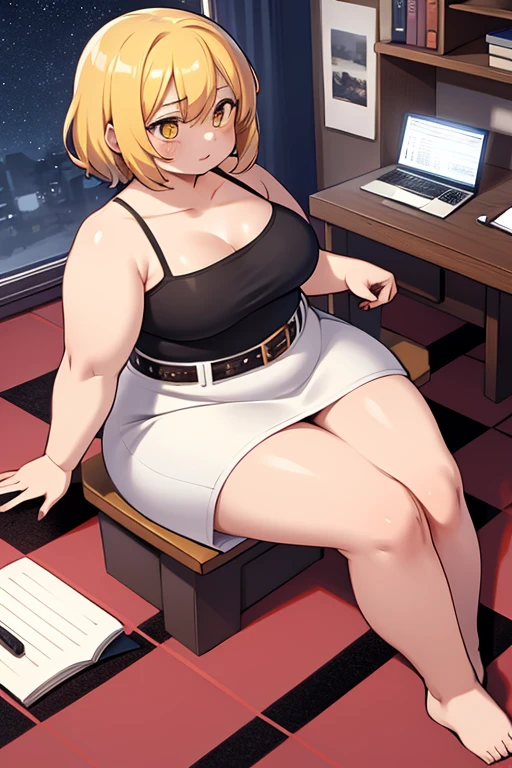 4k, high quality, obese shinobuYoung, masterpiece, Best quality, absurdity, obese 1girl, big cheeks, Blonde hair, Yellow golden eyes, One, sort, night, big breasts, Desktop, obese , round table, sitting, Spread her legs, looking, bare shoulders, white short dress, sliding belt, clavicle, (view from above:1.1), (inexpressive:1.1), slim, browse, (Checkered floor:1.5), (knee up:1.3)