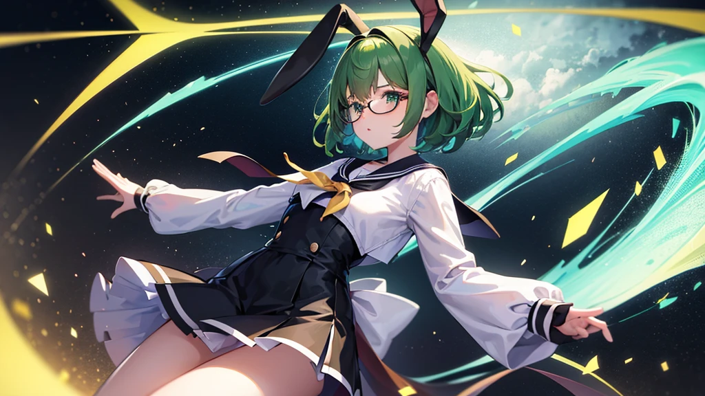 neat figure, 1 girl, teenage girl, very short hair, Air bangs, deep green hair, extremely beautiful detailed anime face and eyes, ^ ^, highly detailed skin, rabbit ears, Round rabbit tail, Black glasses without a frame on top, gun, sailor dress, Long sleeve, white skirt, black background Clothes, Japanese style architecture, space, outdoors, luminous particles, Very detailed CG unified 8k wallpaper, very fine 8KCG wallpaper, hyper quality,