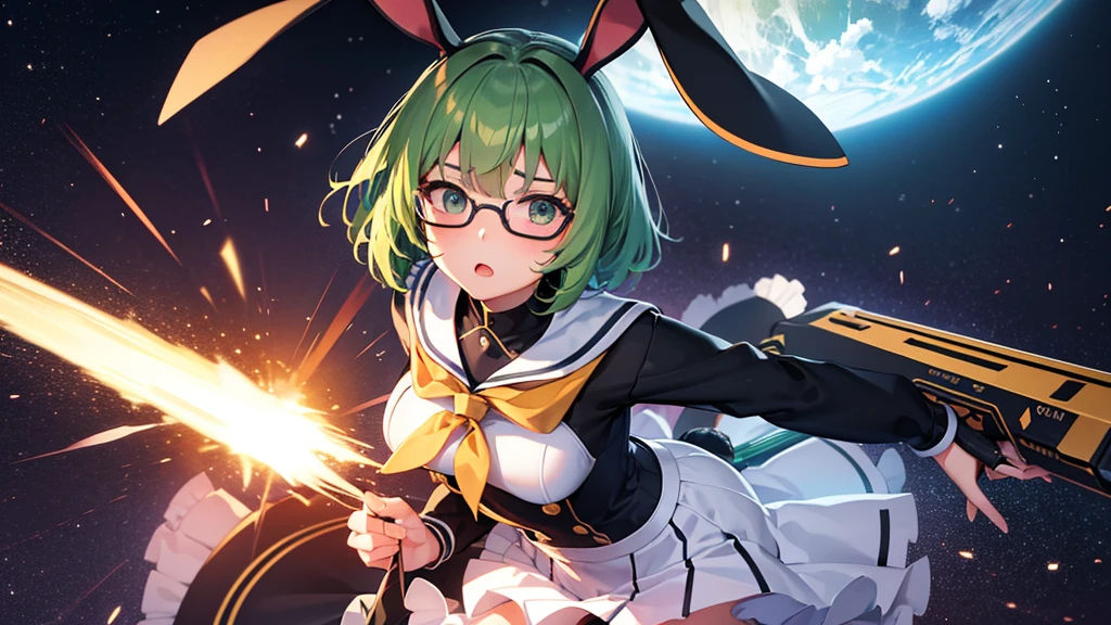 neat figure, 1 girl, age girl, very short hair, Air bangs, deep green hair, extremely beautiful detailed anime face and eyes, ^ ^, highly detailed skin, rabbit ears, Round rabbit tail, Black glasses without a frame on top, gun, sailor dress, Long sleeve, white skirt, black background Clothes, Japanese style architecture, space, outdoors, luminous particles, Very detailed CG unified 8k wallpaper, very fine 8KCG wallpaper, hyper quality,