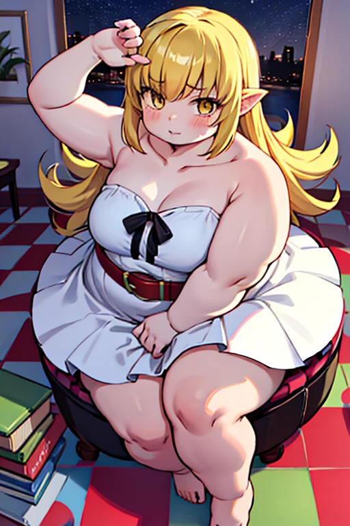 4k, high quality, obese shinobuYoung, masterpiece, Best quality, absurdity, obese 1girl, big cheeks, Blonde hair, Yellow golden eyes, One, Sort, night, big breasts, Desktop, obese , round table, sitting, Spread her legs, looking, bare shoulders, white short dress, sliding belt, clavicle, (view from above:1.1), (inexpressive:1.1), slim, browse, (Checkered floor:1.5), (knee up:1.3)