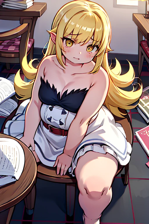 4k, high quality, obese shinobuYoung, masterpiece, Best quality, absurdity, obese 1girl, big cheeks, Blonde hair, Yellow golden eyes, One, Sort, night, big breasts, Desktop, obese , round table, sitting, Spread her legs, looking, bare shoulders, white short dress, sliding belt, clavicle, (view from above:1.1), (inexpressive:1.1), slim, browse, (Checkered floor:1.5), (knee up:1.3)