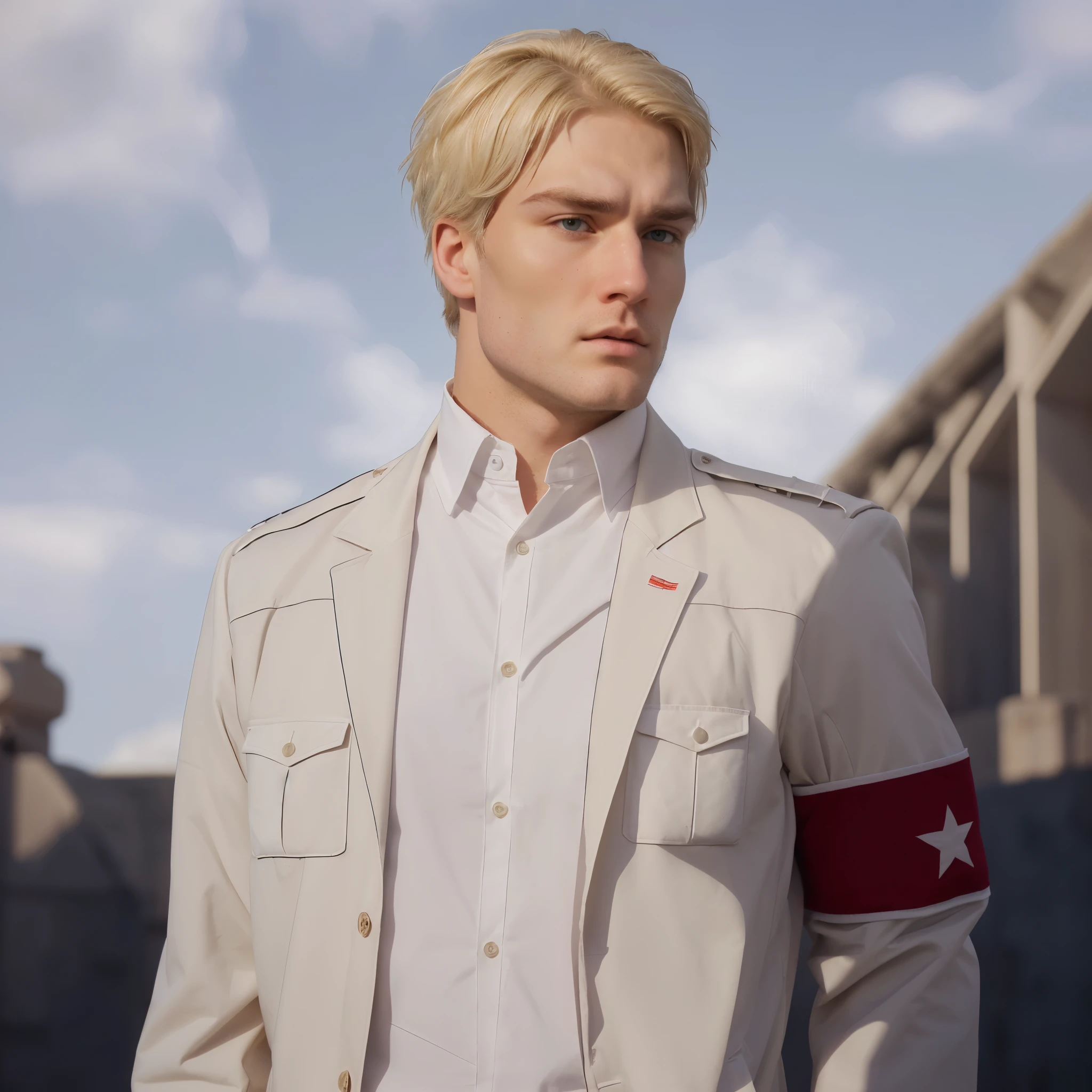 white man, with short blonde hair, serious expression, white shirt, cream jacket, red armband with white edges and white star in the middle, with thick beard, masculine face, think eyebrows