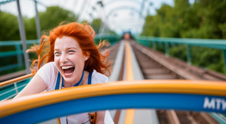 (8K), (best quality), (muste piece: 1.2) Pretty redhead woman laughing on a roller coaster