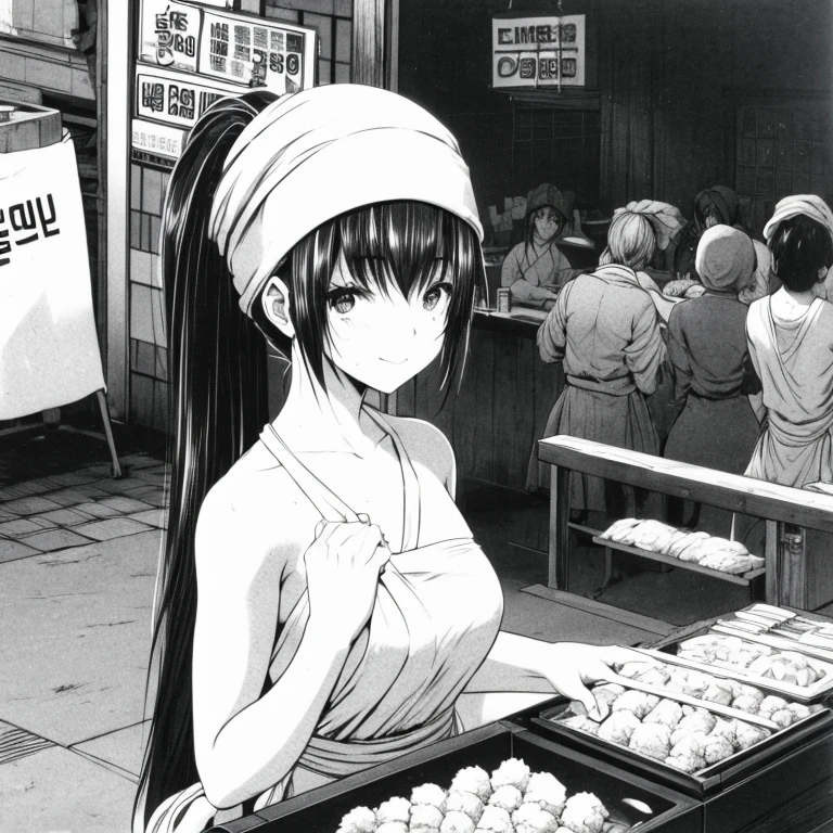A woman with a towel wrapped around her head making a large amount of tempura at a night market in Korea highest quality