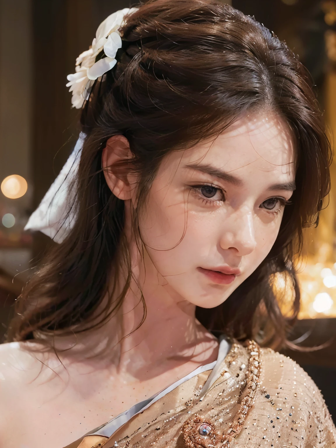 Close-up of woman with flowers in her hair, beautiful south korean women,หญิงKorean girlที่งดงาม, Korean girl, ใบหน้าKorean girlที่น่ารัก, Thai dress, Riverside, ((Hair pins)), ยืนalone, Flower behind the ear, including ponytail, ((alone)), Lightly sexy