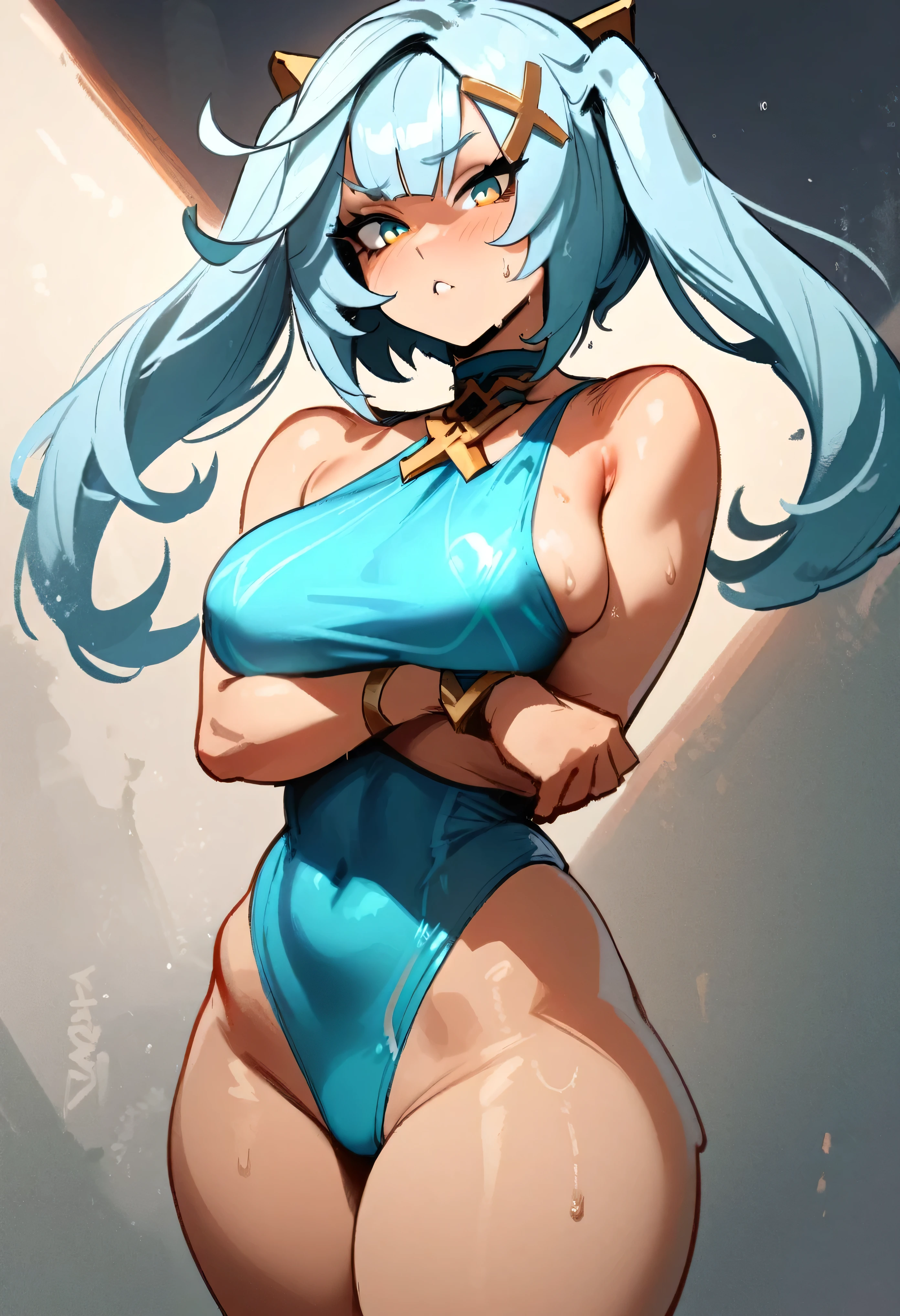 1girl , faruzan \(genshin impact\), genshin impact \\\\\ masterpiece, best quality, very aesthetic, absurdres, newest \\\\\\ perfect anatomy, slim body, ,perfect hands, , sweat, \\\\\\ by nyantcha, by khyle,by cutesexyrobutts, by omone hokoma agm \\\\\ , dark background,simple background, looking at viewer, ,blue one-piece swimsuit, standing, love,,,her hair is cut short except for two locks of hair that mimic twin tails.,,Arms crossed under breasts. a turquoise gradient
