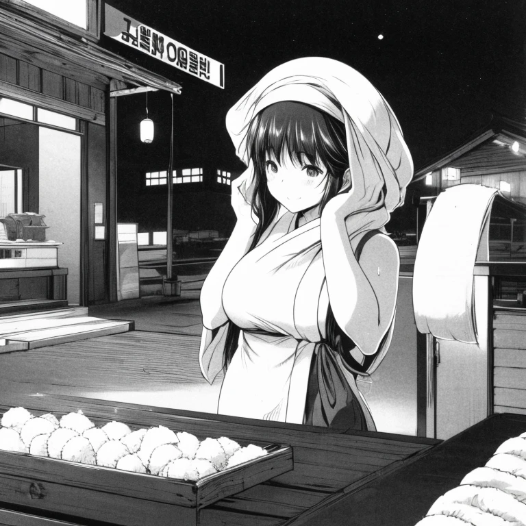 A woman with a towel wrapped around her head eating cold noodles at a food stall　Tight clothing　highest quality　Huge bowls of cold noodles lined up on the table　Full Color