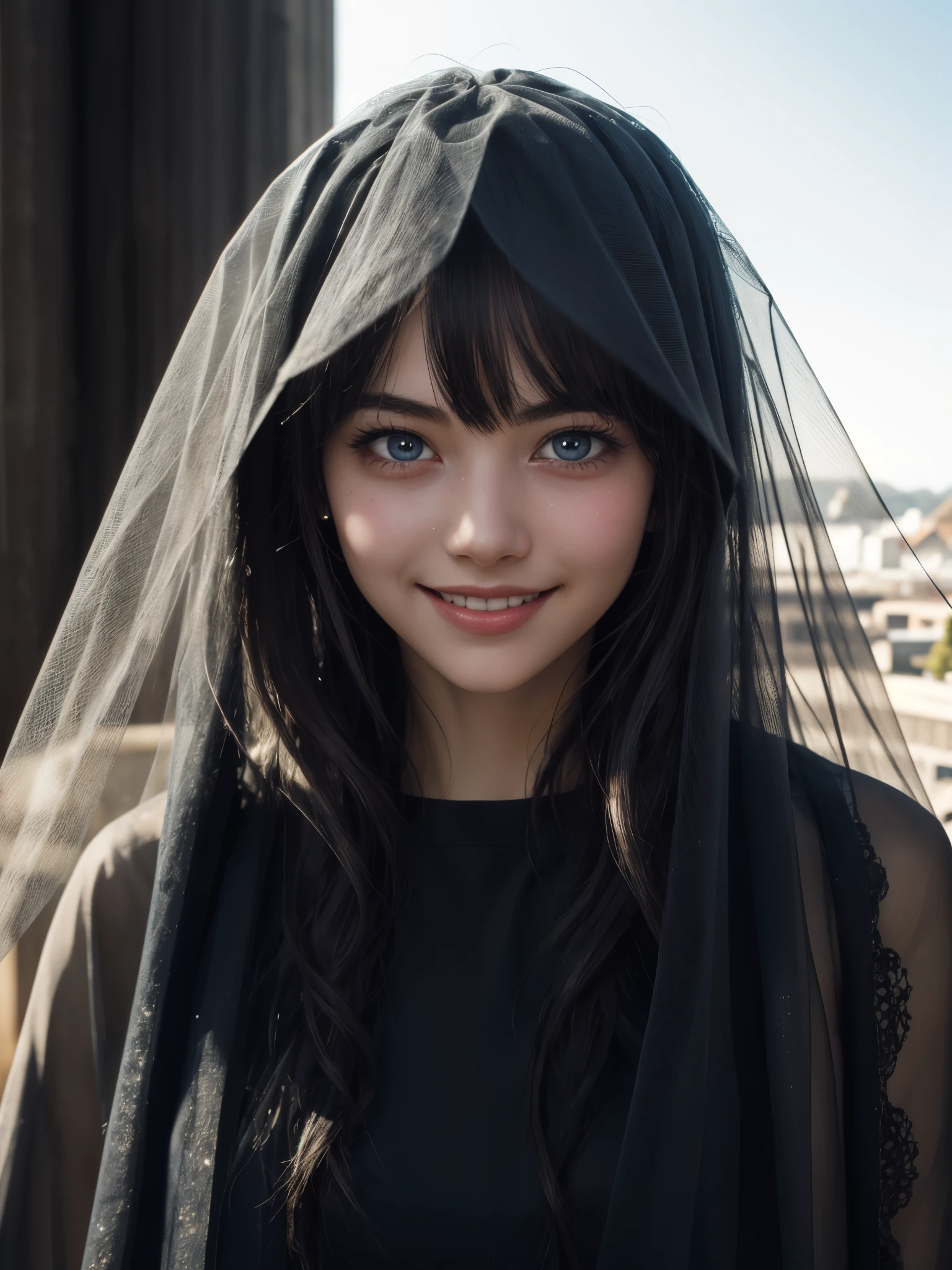 girl wearing veil, BREAK, 1girl, detailed face, super details intricate texture glowing veil, bangs, intricate frill-trimmed, looking at viewer, (Masterpiece: 1.21), (Best Quality), Highly Detailed, Ultra Detailed, Glowing Eyes, Fantasy Landscape, Natural Daylight, (Panorama: 1.2), Smile, dynamic Angle, 