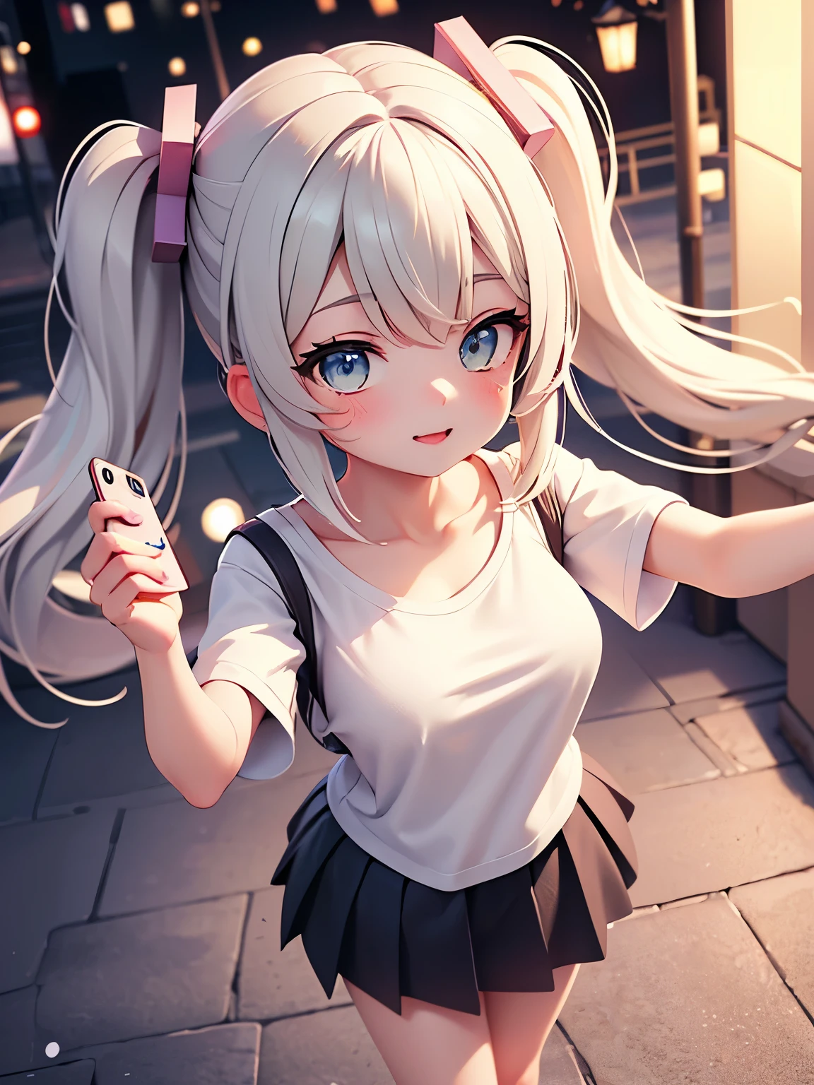(masterpiece、highest quality、highest quality、Official Art、Beautiful and beautiful:1.2)、(One girl:1.3)Hatsune Miku、Twin tails,Big Breasts,(Selfie, Top View: 1.4), (Half of the body is straight: 1.4), RAW UHD portrait photo of a 24 year old blonde (水colorの目の女性) Walking down a dark alley, Large Breasts,, city at night, (White crew neck T-shirt skirt), (Neckline), detailed (texture! , hair! , Glitter, color!! , demerit: 1.1), Detailed and shiny eyes (Looking at the camera), SLR Lighting, Single-lens reflex camera, super high quality, Sharpness, Depth of written boundary, Film Grain (center), Fujifilm XT3, Crystal Clear, frame center, Beautiful Face, Sharp focus, Street lamp, Neon lighting, Bokeh (It's dim), night, (night sky), detailedな毛穴, Oily skin, Sunburn, complex eye detailed, whole body, Large Breasts