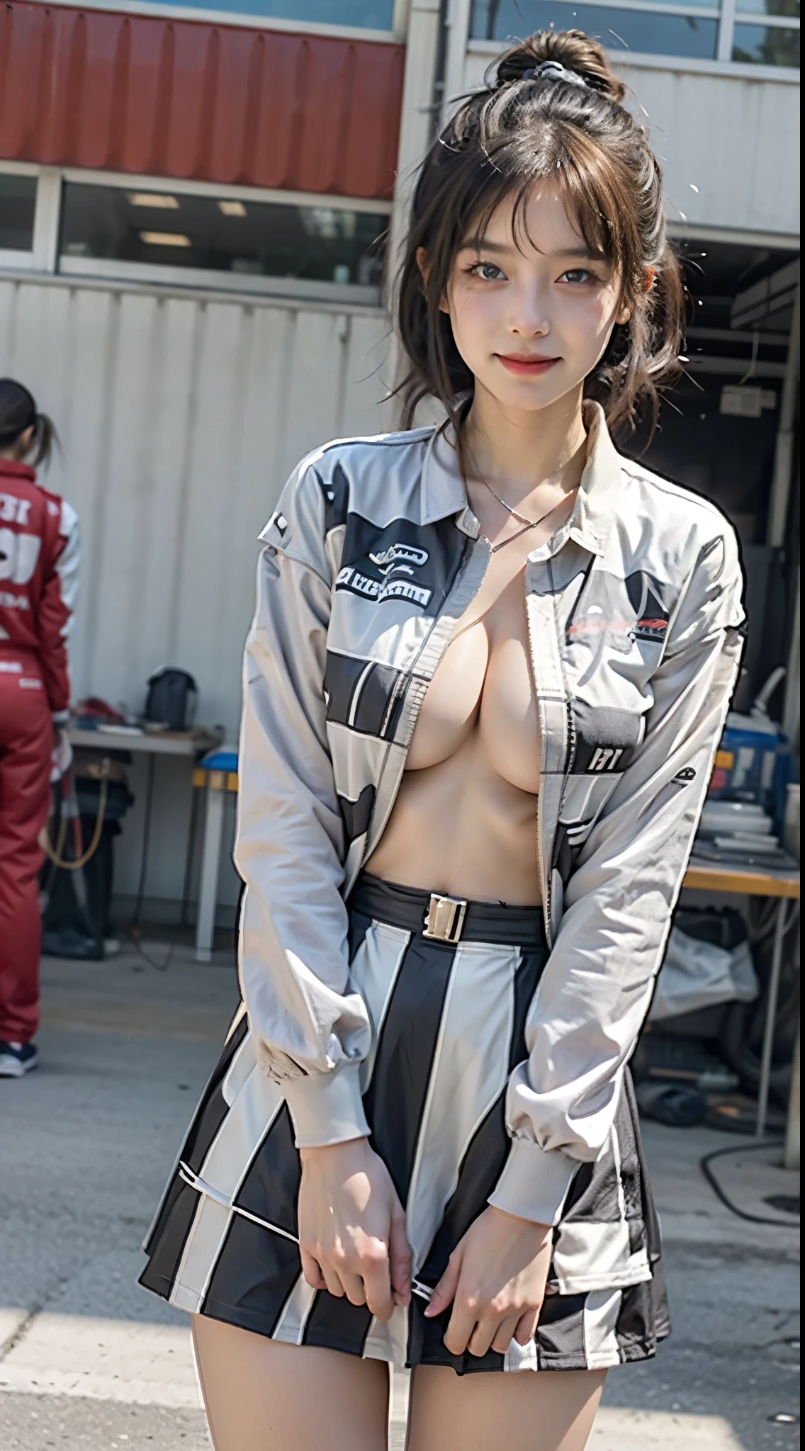 Anime girl in blue dress, oppai, biomechanical oppai, in dress, oppai proportions, Ecchi, Big breasts!!, with a big chest, pixiv 3dcg, Big breasts!, (SFW) safe for work, Ecchi anime style, Beasts, Seductive Anime Girl, 1girl huge large breasts,、((top-quality)), ((masterpiece)), A smile, Pitch Resuit, Colossal , Puffy nipple, knee high, Naughty face, knee high white, Adult Woman, (cum in vaginas:1.3), cum in mouth, (Overflowing G-string:1.5), Sobbing tears, short-cut, Check mini skirt, l, Race Queen, A slender, masterpaintings, best qualtiy, Photorealsitic, ultra-detailliert, (shiny skins, perspired:1.4), Watch the crowd, With short black hair, Brown-eyed, slender, dynamic light and shadow, hight resolution, Sharp Focus, depth of view, The eyes are delicate, Sharp pupils, pupil realistic, (Colossal tits), A slender, (thick thight), outside of house, Skysky, Tight skirt, Short skirt, Grid Girl, underboob, Wet_Clothes, Wear the grid_Girl costume printed with sponsor's logo, (Stand in a motorsport race)+, left hand on waist