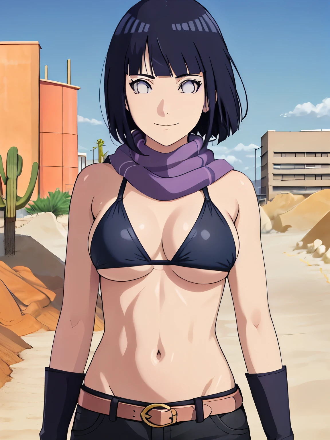 (hinata\(boruto\), (high quality, anime, heroine, gorgeous smile, slim torso, standing and stretching), ((black sport bikini top)), ((fingerless gloves, black shorts with belt, black scarf)), (looking at the camera, (very slim belly), extremely slim waist, (medium-big breasts), slim arms, little biceps, groin lines, smile with closed mouth), (posing in photoshoot), pale skin, ((floating hair, dark blue, brushing hair, hime cut، loose hair), (location: desert with buildings)