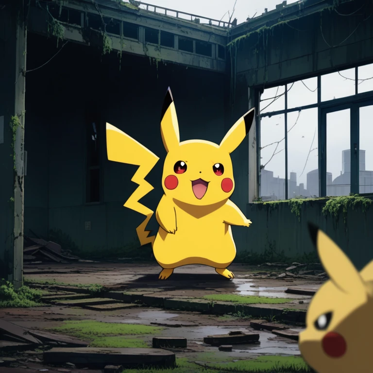 90s anime style, alone, (((Muscular Pikachu))) Pikachu attacks,In the background is an abandoned, abandoned building, Gloomy atmosphere, Cinematic, Detailed body, Fine grain, 8k, highest quality, Full Sharp, Very detailed, Skin pores, Natural skin texture, Superior quality,Scary Pikachu,Creepy Pikachu,