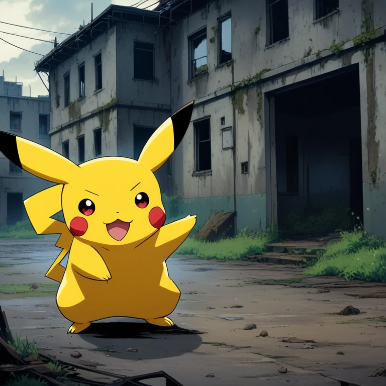 90s anime style, alone, (((Muscular Pikachu))) Pikachu attacks,In the background is an abandoned, abandoned building, Gloomy atmosphere, Cinematic, Detailed body, Fine grain, 8k, highest quality, Full Sharp, Very detailed, Skin pores, Natural skin texture, Superior quality,Scary Pikachu,Creepy Pikachu,