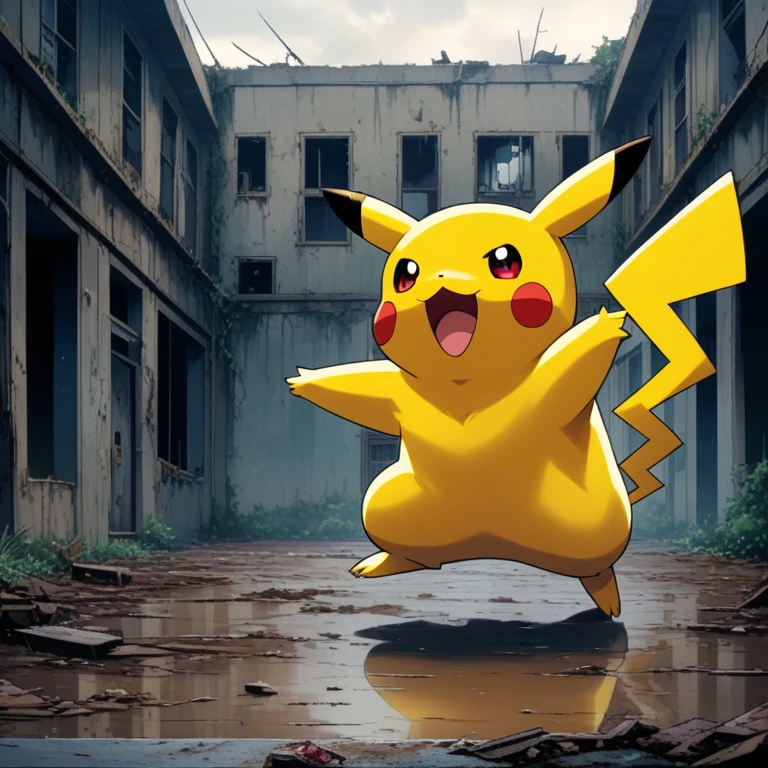 90s anime style, alone, (((Muscular Pikachu))) Pikachu attacks,In the background is an abandoned, abandoned building, Gloomy atmosphere, Cinematic, Detailed body, Fine grain, 8k, highest quality, Full Sharp, Very detailed, Skin pores, Natural skin texture, Superior quality,Scary Pikachu,Creepy Pikachu,