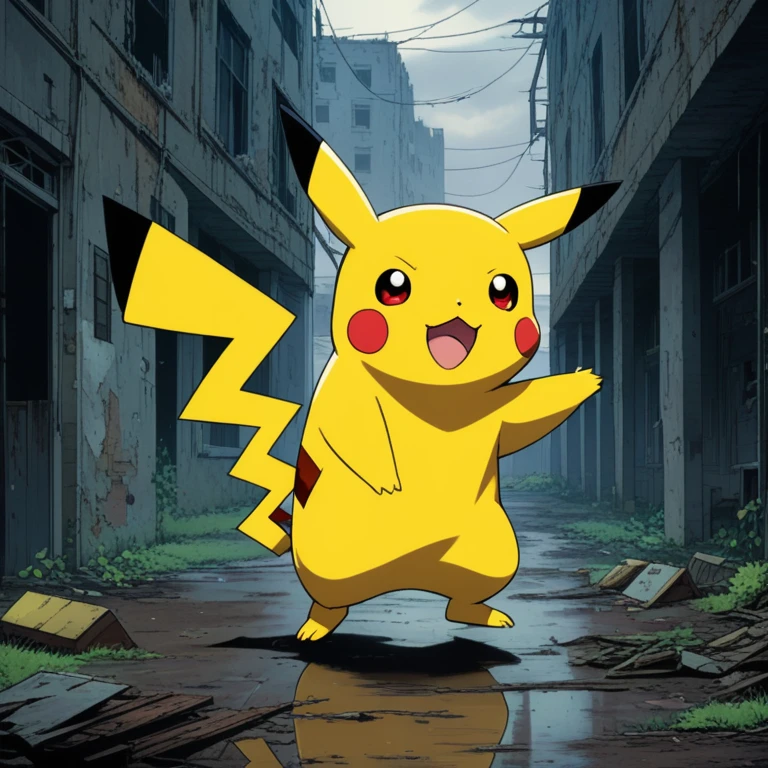 90s anime style, alone, (((Muscular Pikachu))) Pikachu attacks,In the background is an abandoned, abandoned building, Gloomy atmosphere, Cinematic, Detailed body, Fine grain, 8k, highest quality, Full Sharp, Very detailed, Skin pores, Natural skin texture, Superior quality,Scary Pikachu,Creepy Pikachu,