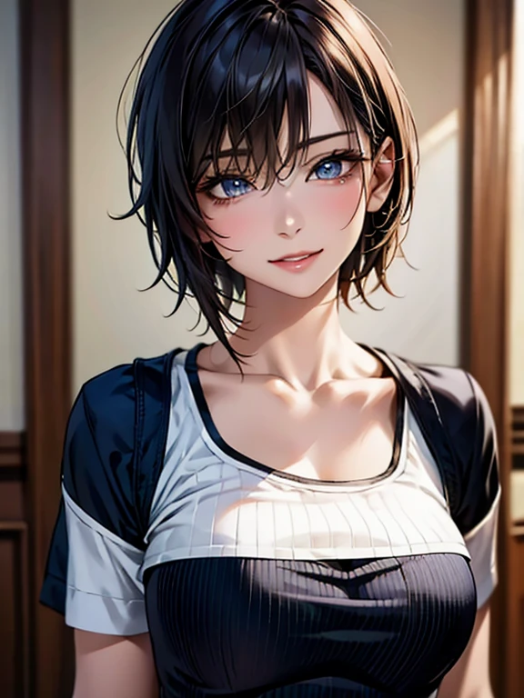 highest quality, Ultra-high resolution, (Realistic: 1.4), beautiful Eyes, Super beautiful, Very short hair, beautiful, lover, Rough chest T-shirt, beautiful Soldier, Eyes that beckon the viewer, loverの視点, Attractive expression, Sexy smile, Perfect Style, Perfect balance, Detailed skin, Mischievous Gaze, I can see your chest