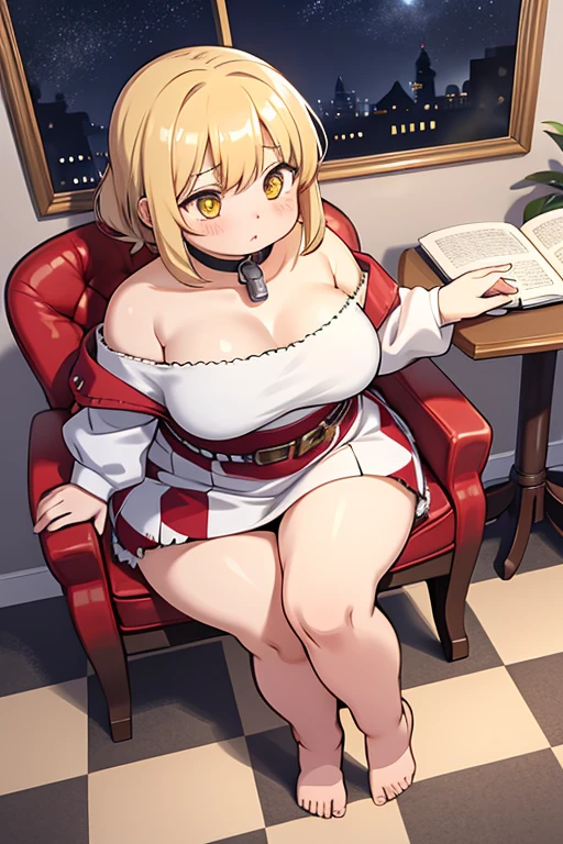 4k, high quality, obese shinobuYoung, masterpiece, Best quality, absurdity, obese 1girl, big cheeks, Blonde hair, Yellow golden eyes, One, sort, night, big breasts, Desktop, obese , round table, sitting, Spread her legs, looking, bare shoulders, white short dress, sliding belt, clavicle, (view from above:1.1), (inexpressive:1.1), slim, browse, (Checkered floor:1.5), (knee up:1.3)