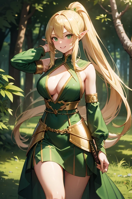 Girl, blond and straight and long hair in a ponytail, huge , green eyes, standing ready to fight in a forrest, big smile, thight green armored dress with gold decorations,  completely visible, oly nipels covered, half naked, age of 25, sword in hand, golden laurel wreath, elven ears