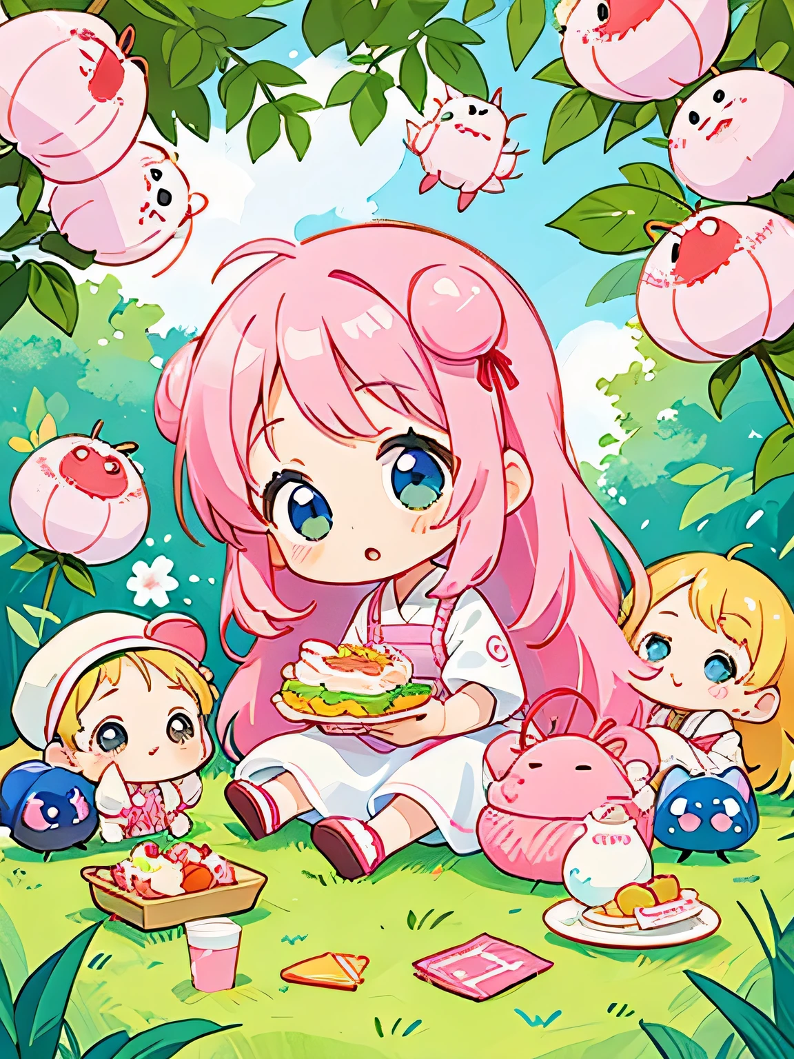 Momoko Sakura Style, Kawaii Design, The most beautiful girl of all time、Chibi, (((Lots of friends))), Cute and colorful pillbugs、picnic