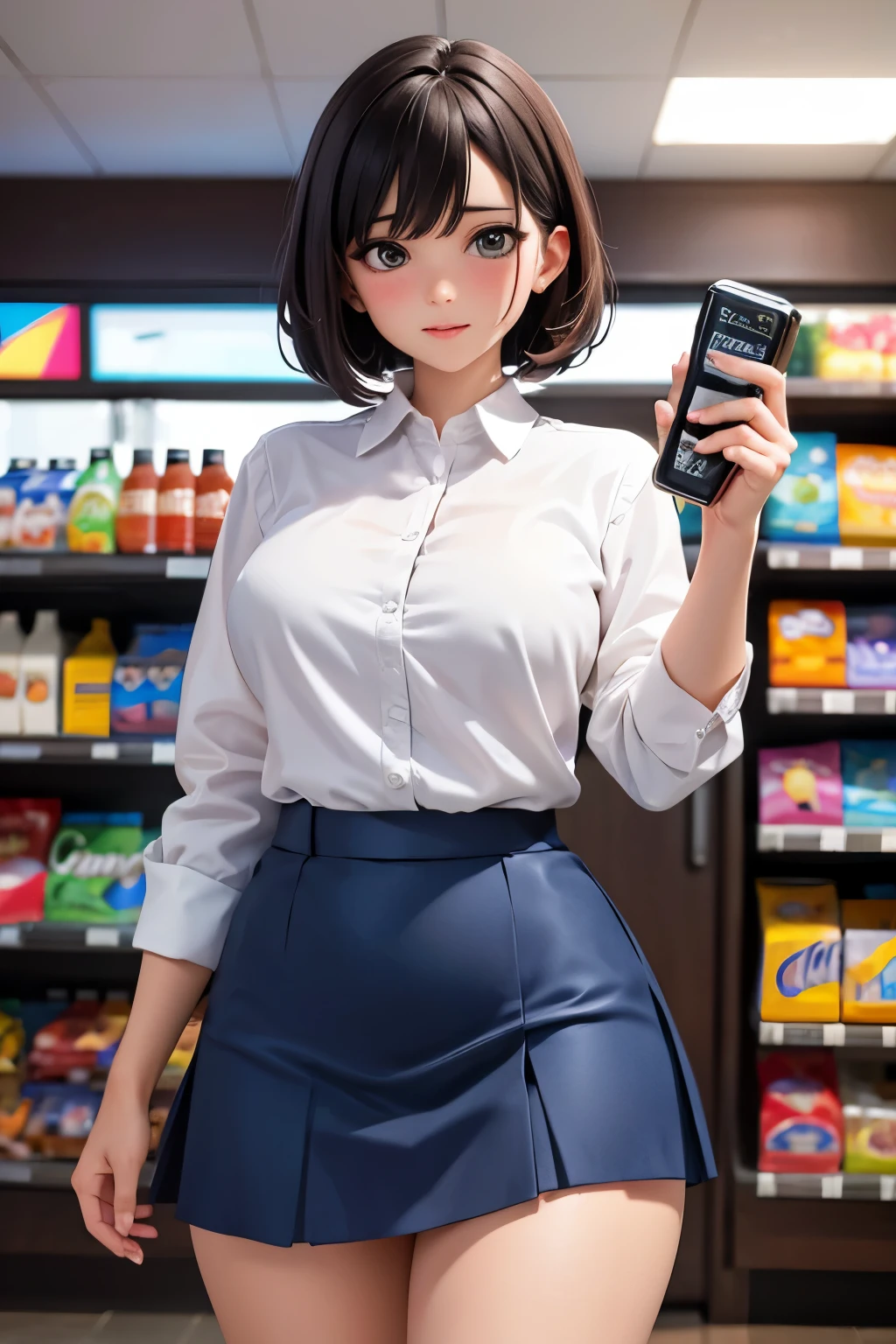 (be familiar with, masterpiece, highest quality, Complex),

cowboy shot, Kyoka Tachibana,

big breasts, 
1 girl, alone, At a convenience store,
cute eyes, beautiful face, perfect round butt, 
fit and body, female pervert,

The jacket is a cute thin shirt, Cleavage is exposed, Beautiful woman in a white shirt and miniskirt, super mini tight skirt, smile, 

black high-heels, Thighhighs, black_leg wear,

early teens, alone, pale skin,
blue eyes, ((beautiful mature woman)),
no_bar,

enchanting smile, naughty face, Sweat, vapor, embarrassed, blush, Excited, (spoken heart),

Are standing, Best Sexual Poses, cover the crotch,

(At a convenience store), Near the Ocean shore, (window, Ocean, null, cloud, Day), summer, indoor, perspective, bright lighting, Shelves with many products displayed, white wall,