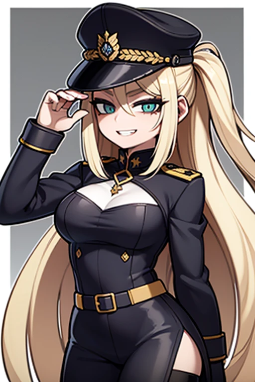 m((obra de arte, melhor qualidade)), (1 garota), (Sozinho), (foco feminino), female gothic army officer, black leather german uniform, wearing army leather hat, maquiagem forte, seios grandes, Mulher alta, cabelo loiro, olhos azuis, chifres, sombras profundas, constricted pupils, olhos vazios, Yandere, sorria pelo canto da boca