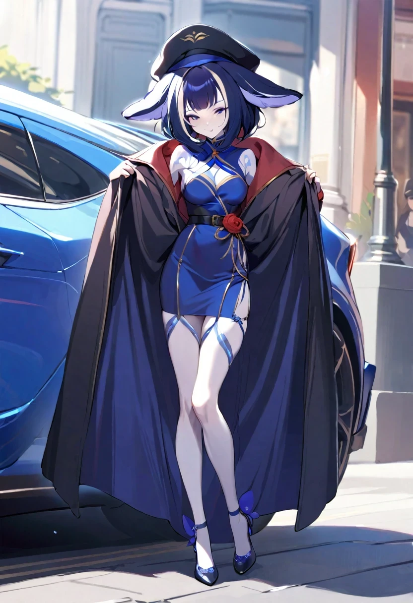 (shylily/(Twich/):1.5),(masterpiece:1.2),(best quality:1.2),, (1girl:1.3),masterpiece, Pale skin, Light eyes, Eyeshadow, Front view of a beautiful woman,medium curly hair,Standing on the street,She's wearing a red and black mafia suit, The skirt and jacket were draped over her shoulders,, She also wore a hat, Garter belt and high heels, Very detailed body, Detailed cars and clothes, natural daylight, Very detailed, She and the car focus on the image
