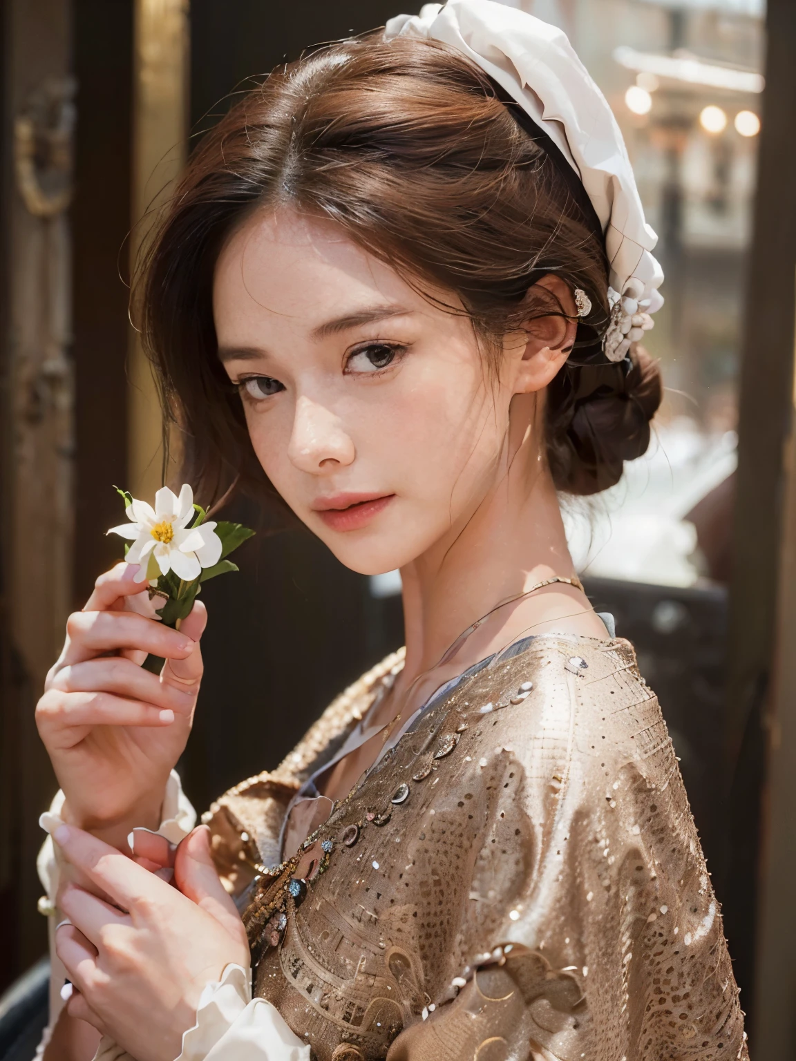 Close-up of woman with flowers in her hair, beautiful south korean women,หญิงKorean girlที่งดงาม, Korean girl, ใบหน้าKorean girlที่น่ารัก, Thai dress, Riverside, ((Hair pins)), ยืนalone, Flower behind the ear, including ponytail, ((alone)), Lightly sexy, Sunshade hand