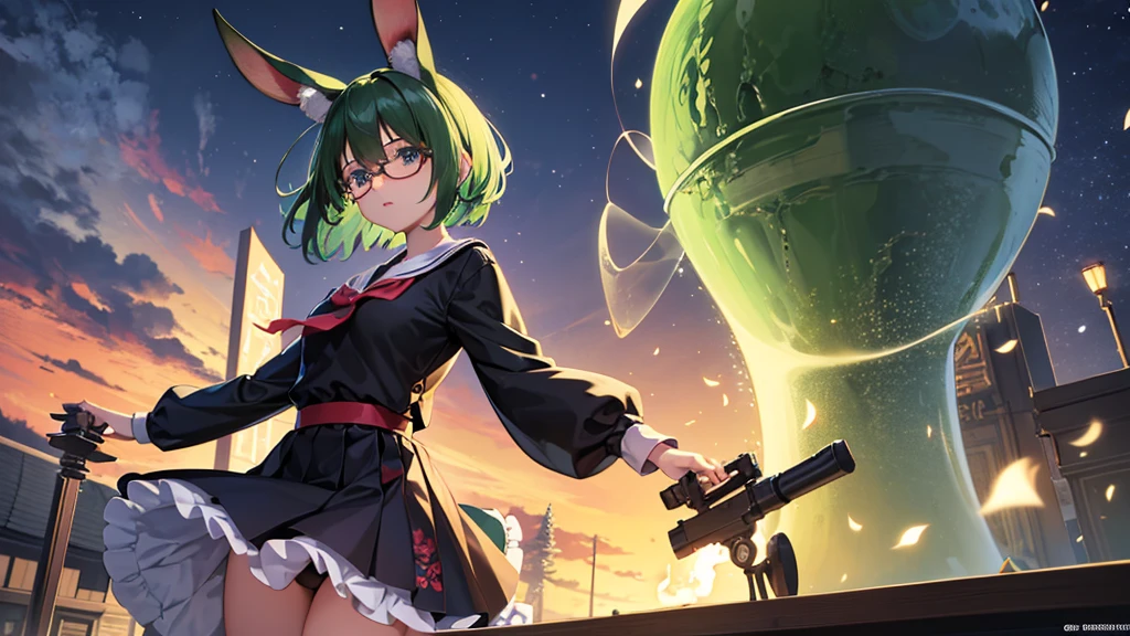{{{touhouProject}}}, neat figure, 1 girl, age girl, very short hair, Air bangs, deep green hair, extremely beautiful detailed anime face and eyes, ^ ^, highly detailed skin, rabbit ears, Round rabbit tail, Black glasses without a frame on top, gun, sailor dress, Long sleeve, white skirt, black background Clothes, Japanese style architecture, space, outdoors, luminous particles, Very detailed CG unified 8k wallpaper, very fine 8KCG wallpaper, hyper quality,