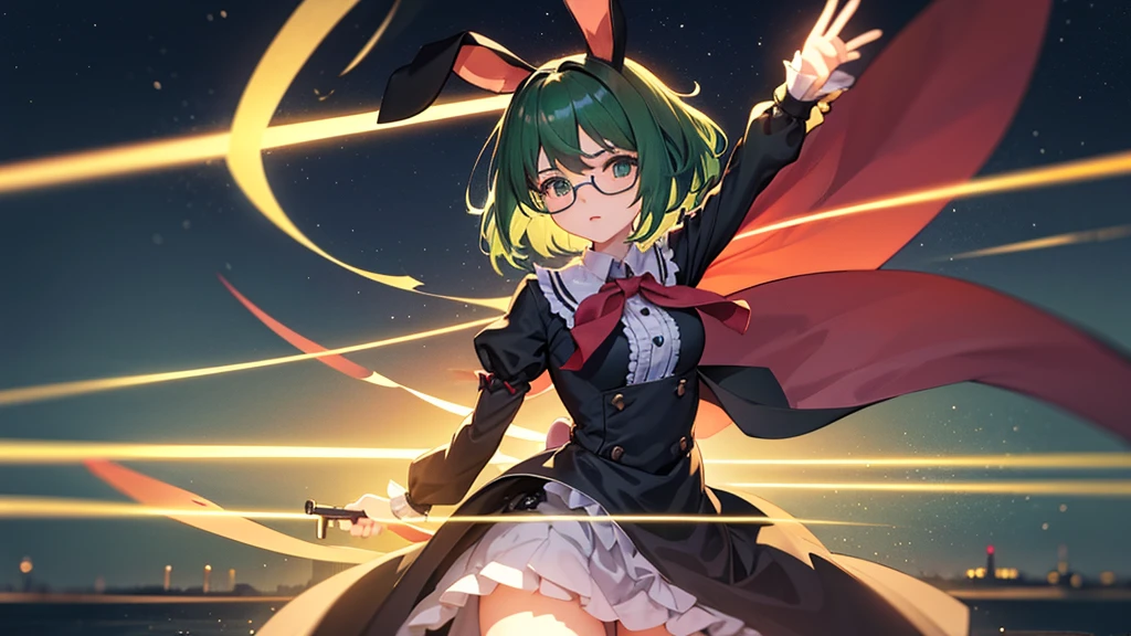 {{{touhouProject}}}, neat figure, 1 girl, age girl, very short hair, Air bangs, deep green hair, extremely beautiful detailed anime face and eyes, ^ ^, highly detailed skin, rabbit ears, Round rabbit tail, Black glasses without a frame on top, gun, sailor dress, Long sleeve, white skirt, black background Clothes, Japanese style architecture, space, outdoors, luminous particles, Very detailed CG unified 8k wallpaper, very fine 8KCG wallpaper, hyper quality,