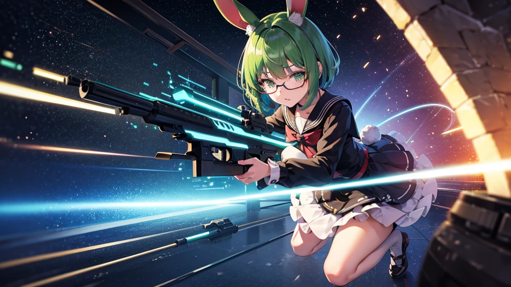 {{{touhouProject}}}, neat figure, 1 girl, age girl, very short hair, Air bangs, deep green hair, extremely beautiful detailed anime face and eyes, ^ ^, highly detailed skin, rabbit ears, Round rabbit tail, Black glasses without a frame on top, gun, sailor dress, Long sleeve, white skirt, black background Clothes, Japanese style architecture, space, outdoors, luminous particles, Very detailed CG unified 8k wallpaper, very fine 8KCG wallpaper, hyper quality,