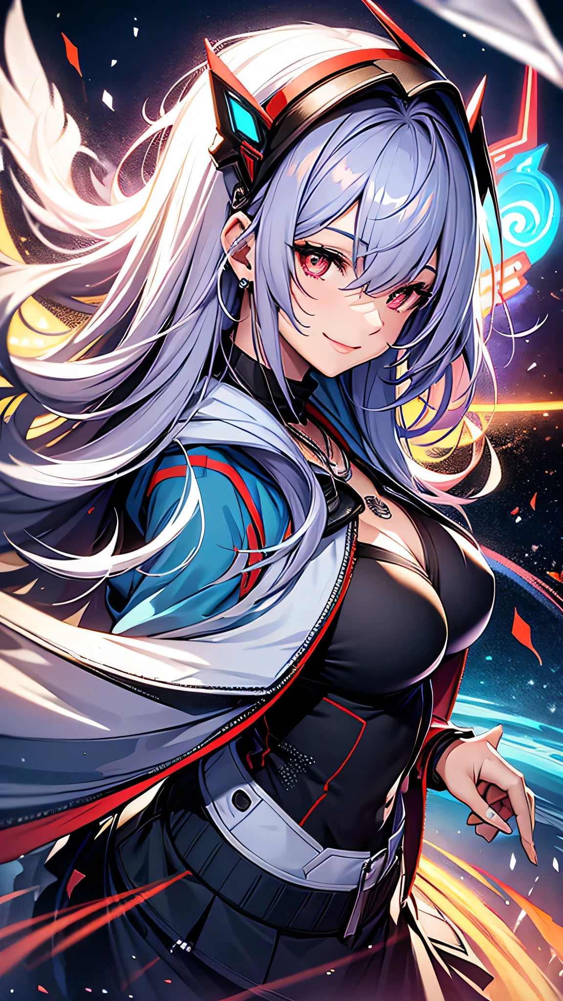 最high quality、Best image quality、masterpiece、girl((18-year-old、 By becoming、Best Bust、Medium Bust,Wide open breast tea、Red glowing eyes,Silver Hair、Disheveled Hair、Long Hair、thin,The highest valley、Open chest、Luminous Wristbands、smile、hair ornaments、luminous necklace、Black sleeveless hoodie(1:2)、Blue short skirt、Angle from directly above、Disheveled clothing、Show the whole body,Low - Angle)),high quality、Beautiful art、background((Cosmic))、Flight、Flying debris、Written boundary depth、movie、Visual Arts、Perfect art、8K,Genuine、
