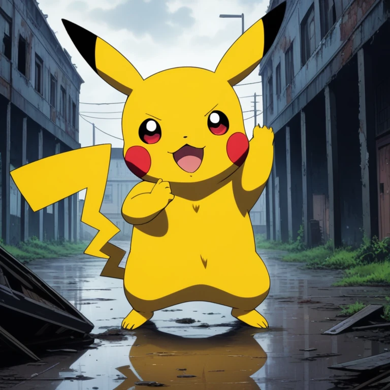 90s anime style, alone, (((Muscular Pikachu))) Pikachu attacks,In the background is an abandoned, abandoned building, Gloomy atmosphere, Cinematic, Detailed body, Fine grain, 8k, highest quality, Full Sharp, Very detailed, Skin pores, Natural skin texture, Superior quality,Scary Pikachu,Creepy Pikachu,((humanoid)),4th degree,